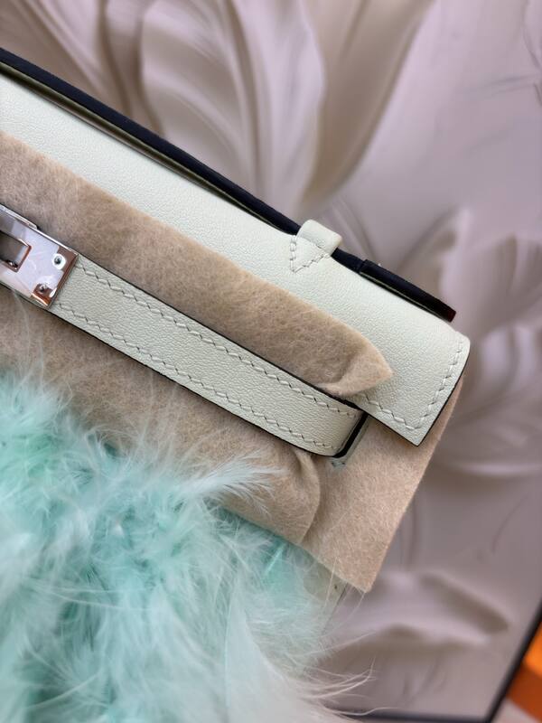 Hermes Kelly White Beige with Mint Feather Trim evening — Top Quality Replica