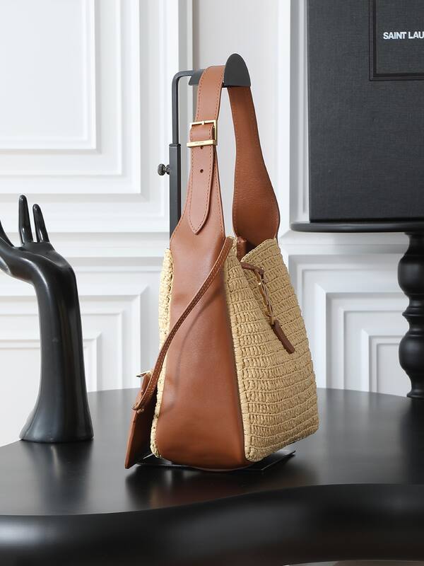 Saint Laurent Le 5 7 Apricot raffia with brown leather shoulder — 1:1 Replica