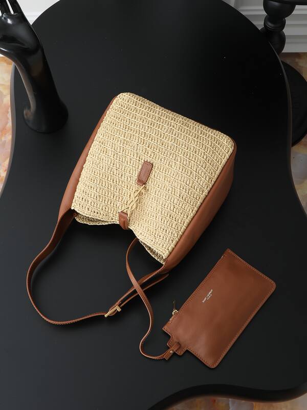 Saint Laurent Le 5 7 Apricot raffia with brown leather shoulder — 1:1 Replica