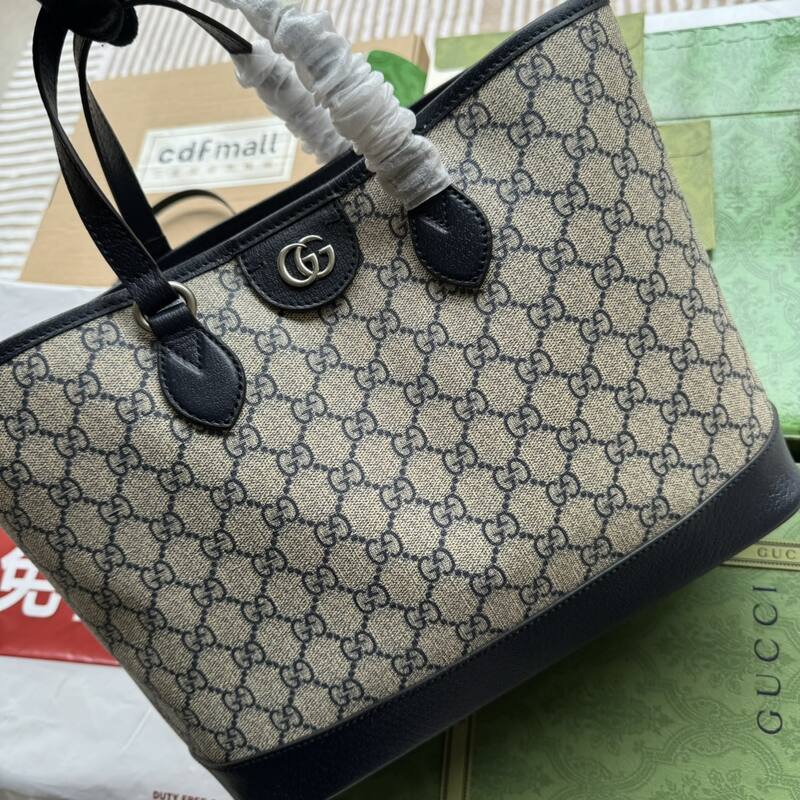 Gucci GG Supreme tote Beige Blue GG Supreme with Black leather — Premium Replica