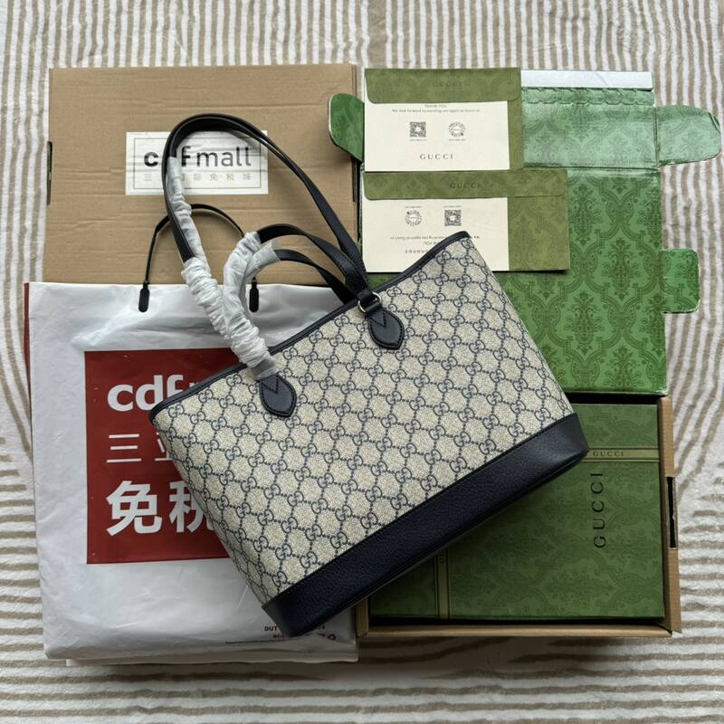 Gucci GG Supreme tote Beige Blue GG Supreme with Black leather — Premium Replica