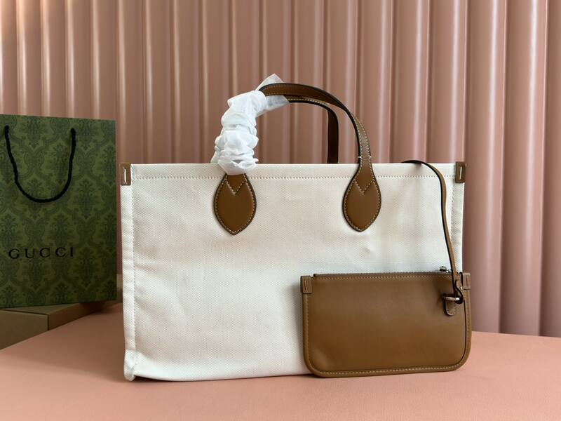 Gucci White and brown leather canvas tote — Top Quality Replica