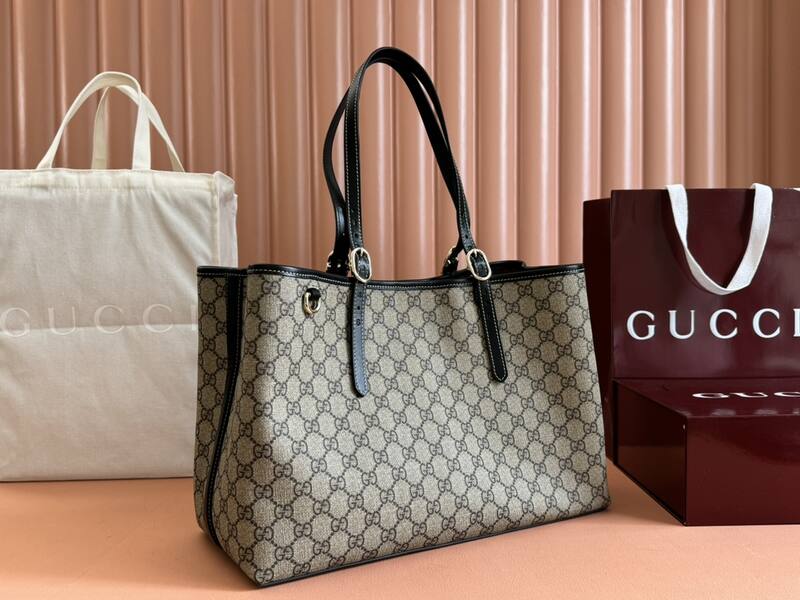 Gucci Ophidia GG Supreme beige ebony with black leather trim tote — AAA Quality Replica