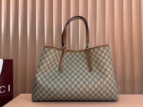 Gucci GG Emblem Beige Ebony GG Supreme with Brown leather trim tote Top Quality Replica