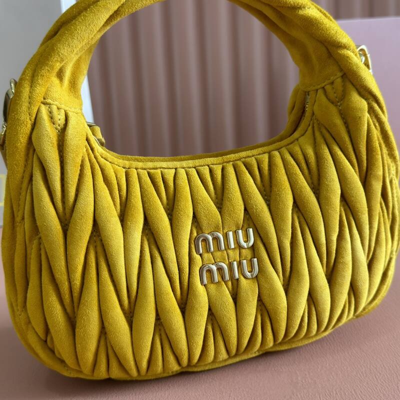 Miu Miu Wander Mustard yellow suede matelasse crossbody bag — Top Quality Replica
