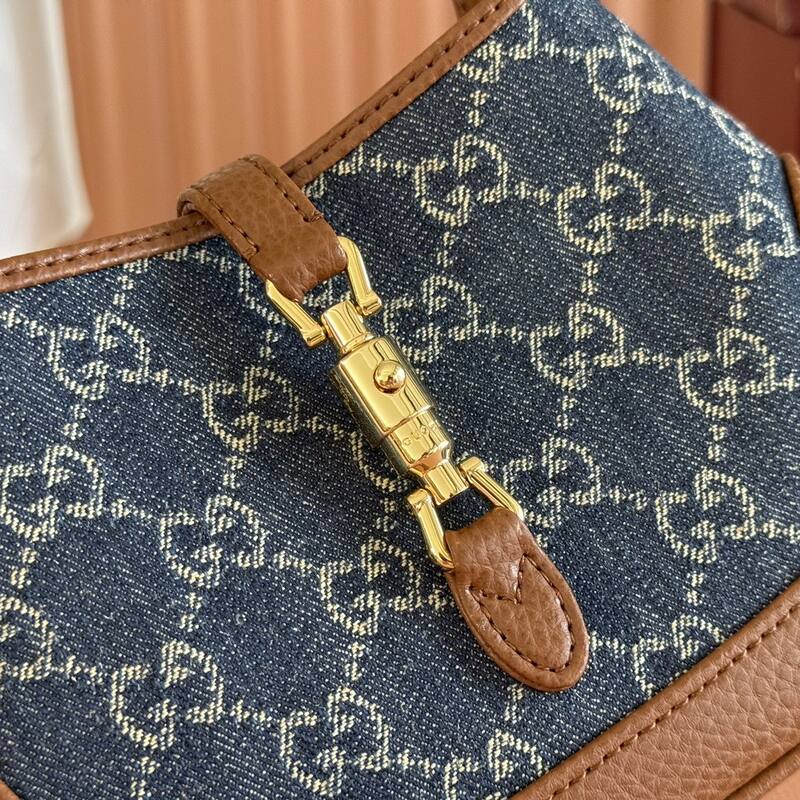 Gucci Jackie 1961 Blue GG denim and brown leather mini shoulder — AAA Quality Replica