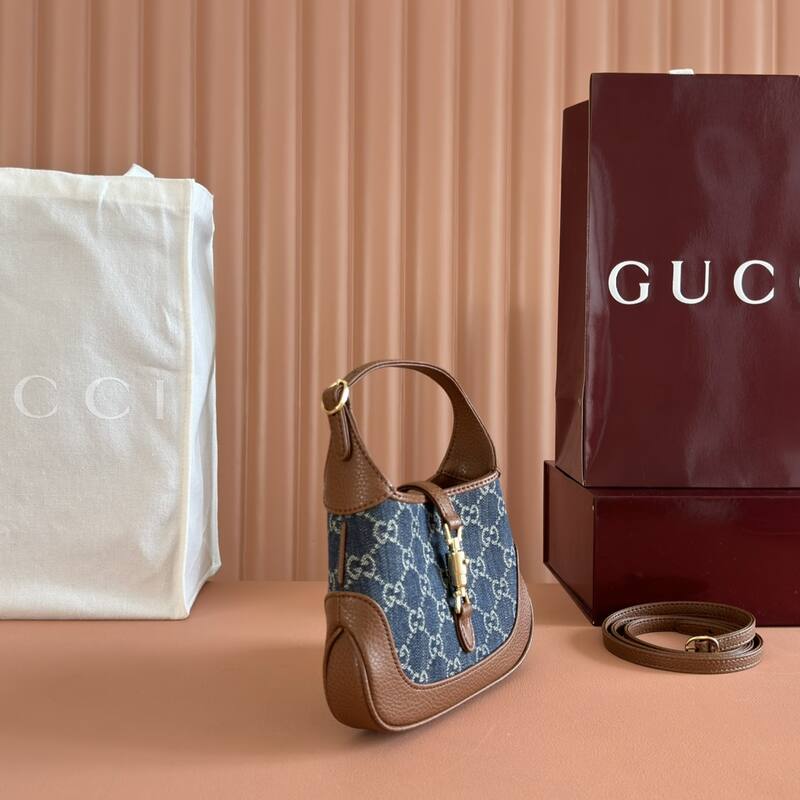Gucci Jackie 1961 Blue GG denim and brown leather mini shoulder — AAA Quality Replica