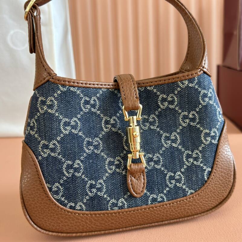 Gucci Jackie 1961 Blue GG denim and brown leather mini shoulder — AAA Quality Replica