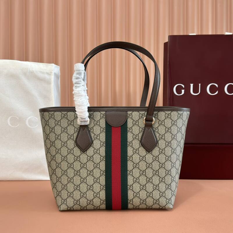 Gucci Ophidia GG Supreme beige ebony with brown leather and green-red-green stripe tote — Premium Replica