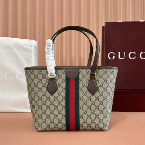 Gucci Ophidia GG Supreme beige ebony with brown leather and green-red-green stripe tote Premium Replica