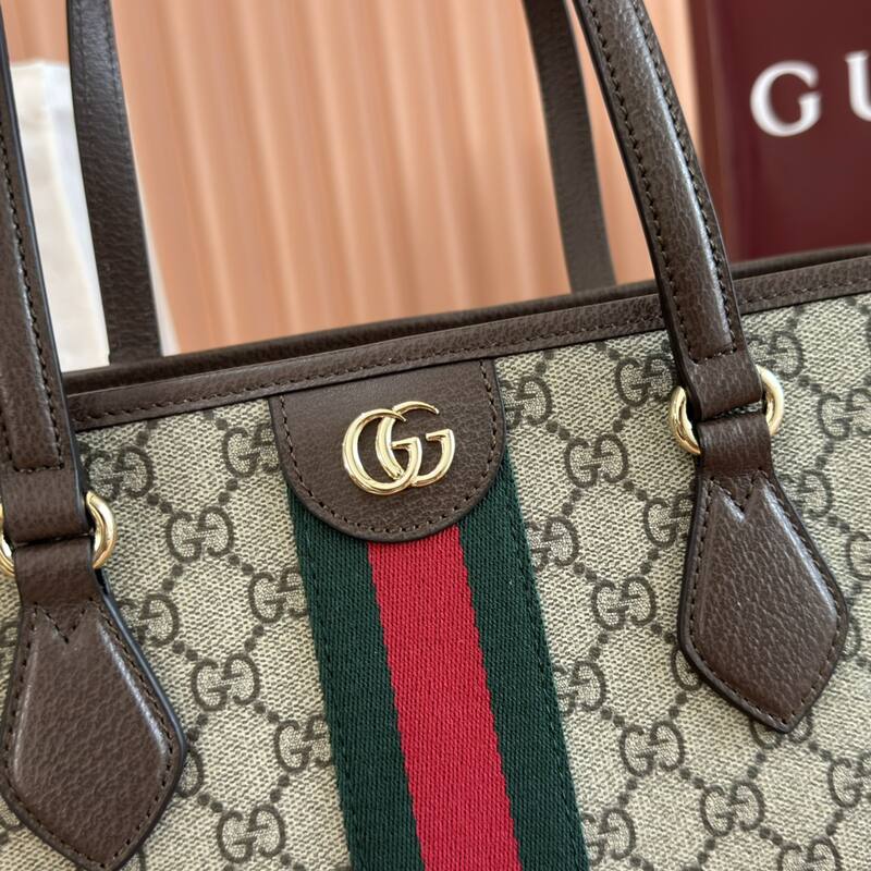 Gucci Ophidia GG Supreme beige ebony with brown leather and green-red-green stripe tote — Premium Replica
