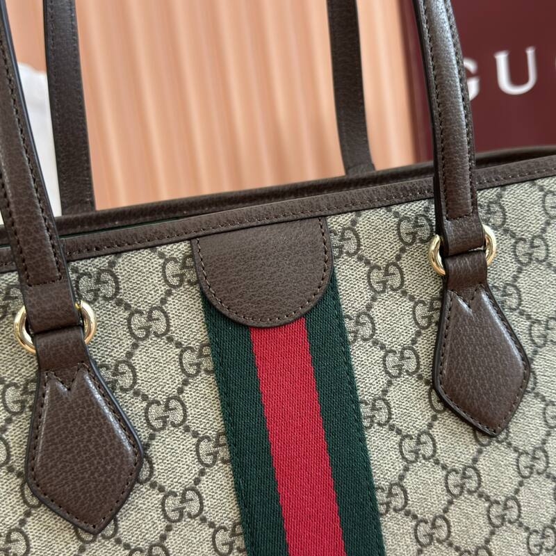 Gucci Ophidia GG Supreme beige ebony with brown leather and green-red-green stripe tote — Premium Replica
