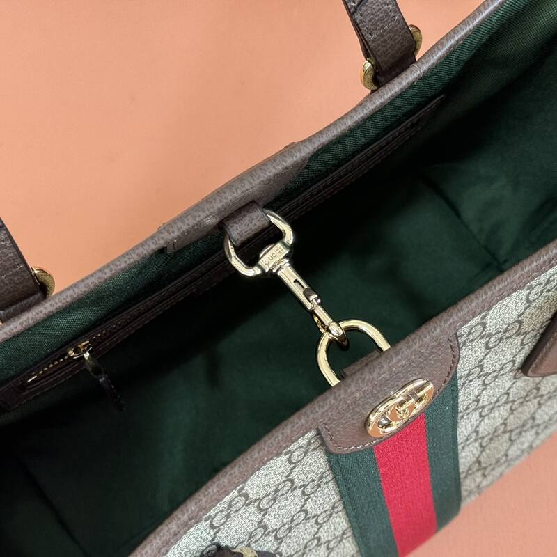 Gucci Ophidia GG Supreme beige ebony with brown leather and green-red-green stripe tote — Premium Replica