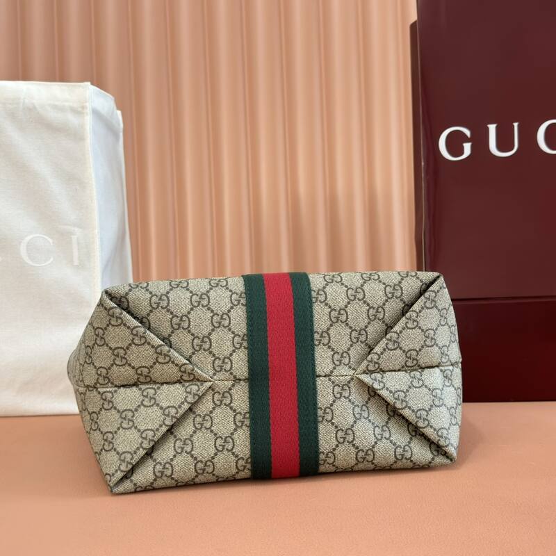 Gucci Ophidia GG Supreme beige ebony with brown leather and green-red-green stripe tote — Premium Replica