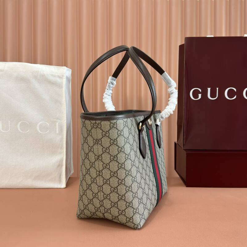 Gucci Ophidia GG Supreme beige ebony with brown leather and green-red-green stripe tote — Premium Replica