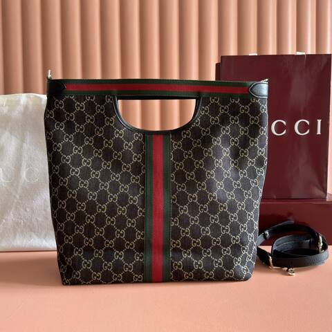 Gucci Giglio GG Supreme brown with green-red-green stripe tote 1 1 Replica