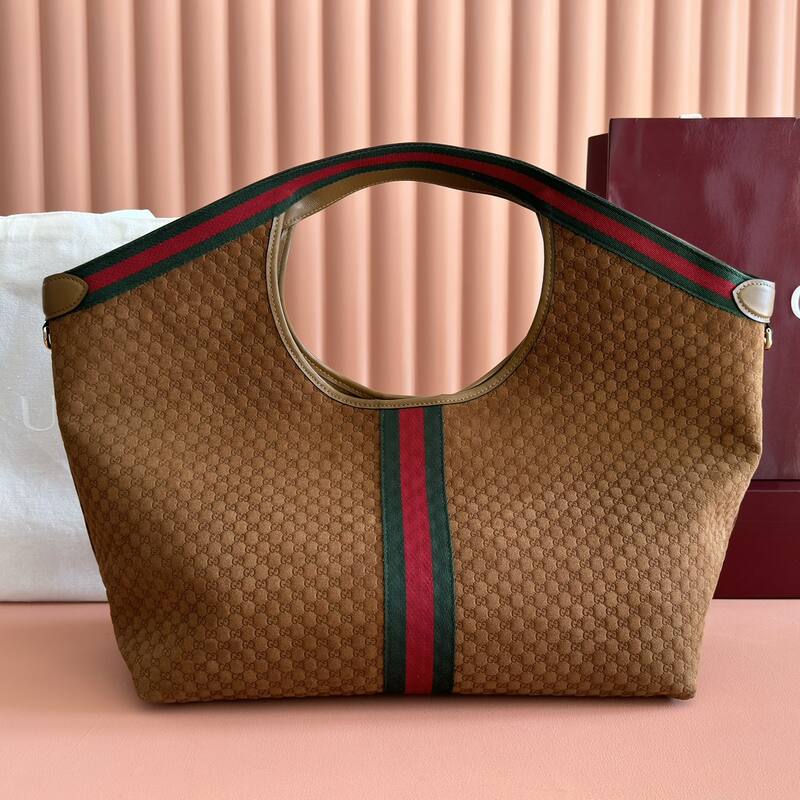 Gucci Giglio Brown GG canvas with green-red-green stripe tote — 1:1 Replica