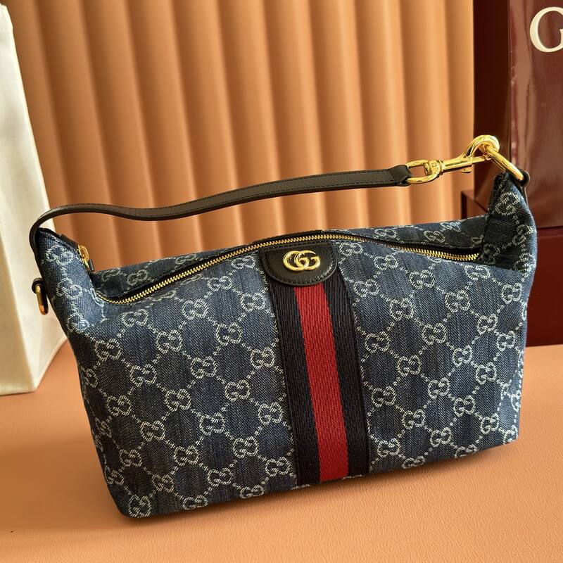 Gucci Blue GG denim with Web stripe shoulder — Top Quality Replica