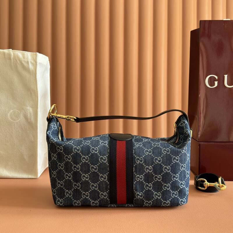 Gucci Blue GG denim with Web stripe shoulder — Top Quality Replica