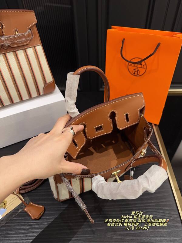 Hermes Birkin Brown and beige striped canvas leather handbag — AAA Quality Replica