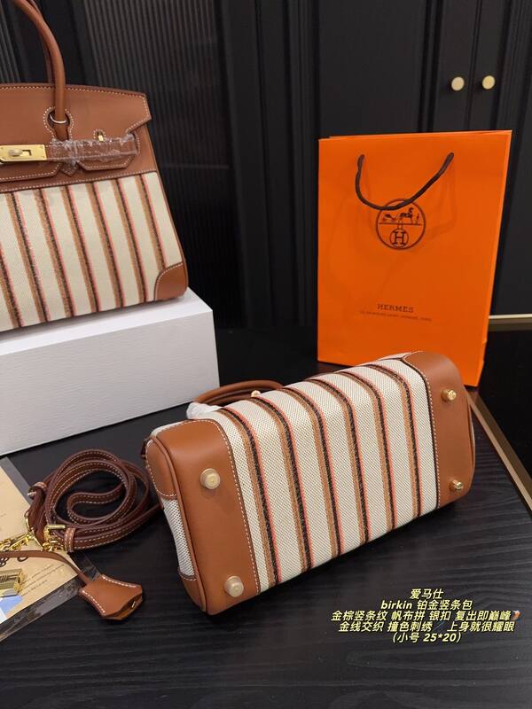 Hermes Birkin Brown and beige striped canvas leather handbag — AAA Quality Replica
