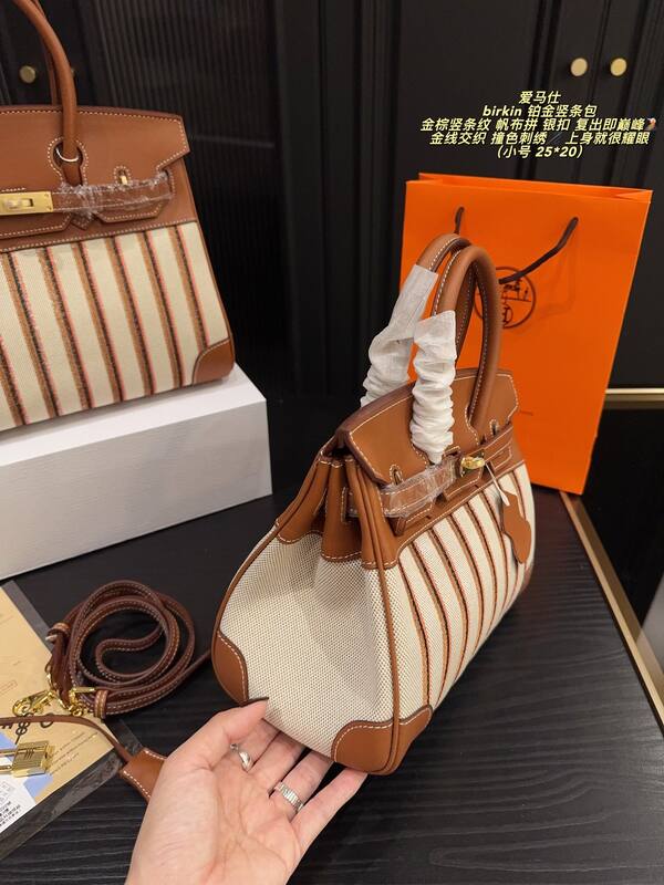 Hermes Birkin Brown and beige striped canvas leather handbag — AAA Quality Replica