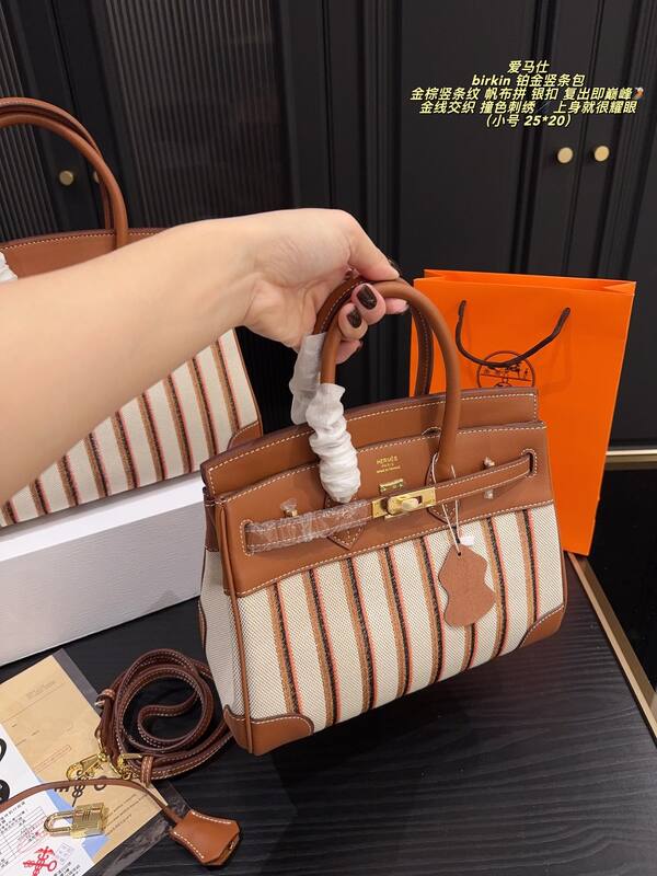 Hermes Birkin Brown and beige striped canvas leather handbag — AAA Quality Replica