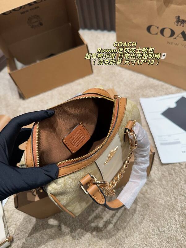 Coach Rowan Light apricot milk tea signature canvas with white and tan leather trim 17*13cm mini crossbody — Premium Replica