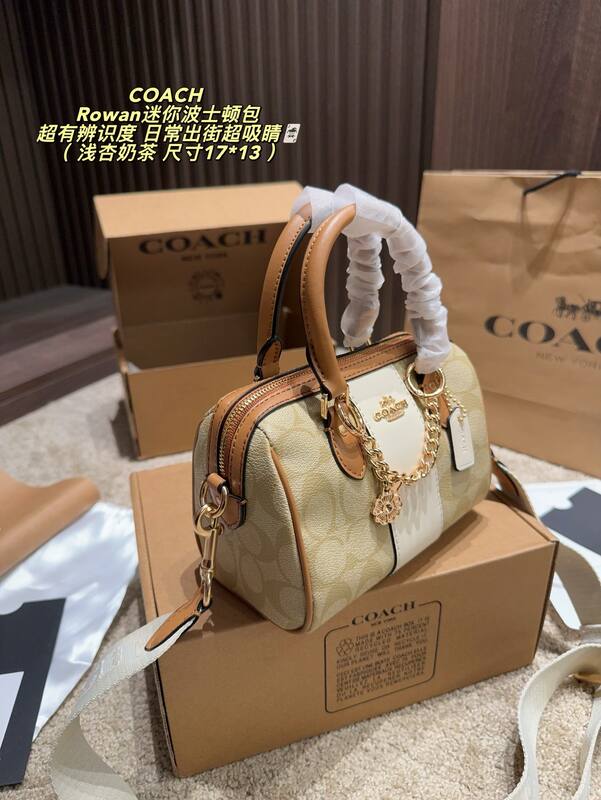 Coach Rowan Light apricot milk tea signature canvas with white and tan leather trim 17*13cm mini crossbody — Premium Replica