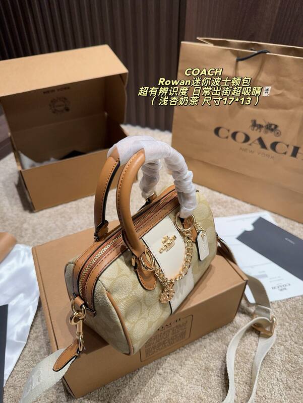 Coach Rowan Light apricot milk tea signature canvas with white and tan leather trim 17*13cm mini crossbody — Premium Replica