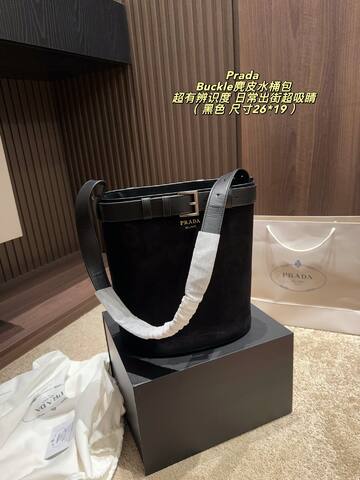 Prada Buckle Caramel suede Black suede 26 19cm shoulder Top Quality Replica