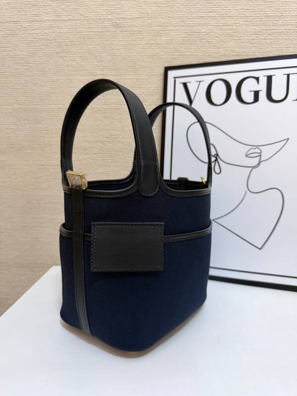 Hermes Cargo Picotin Navy canvas with black leather everyday — AAA Quality Replica