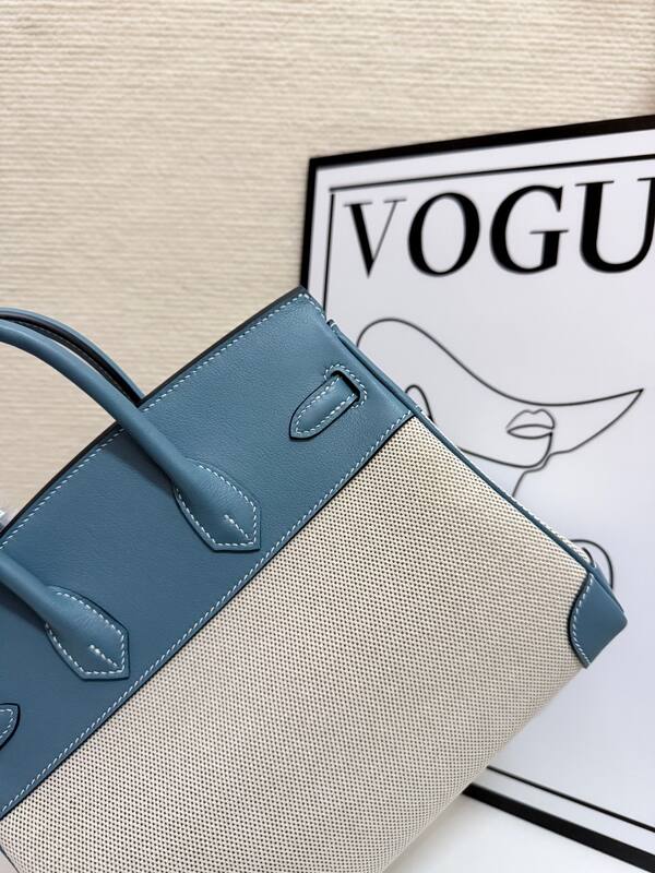 Hermes Birkin 30 Blue Swift and Beige canvas everyday — Top Quality Replica