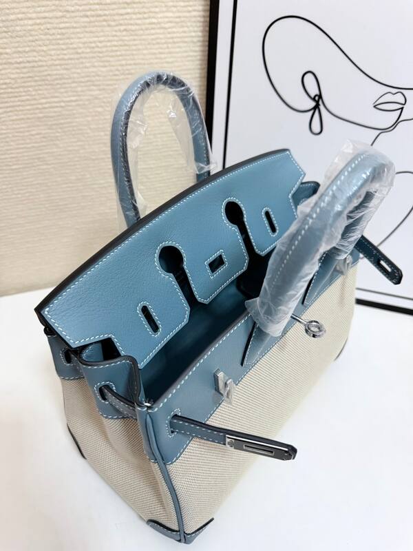 Hermes Birkin 30 Blue Swift and Beige canvas everyday — Top Quality Replica