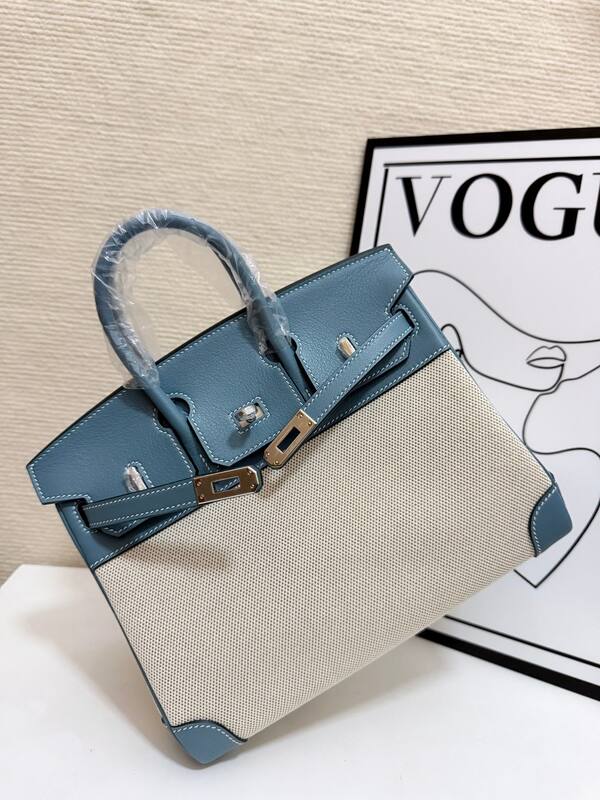 Hermes Birkin 30 Blue Swift and Beige canvas everyday — Top Quality Replica