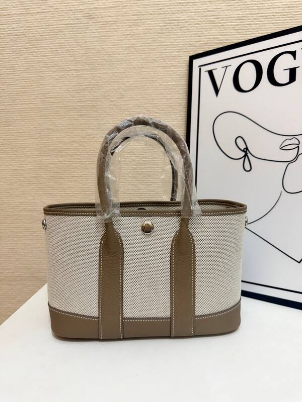 Hermes Garden Party Beige canvas with taupe leather tote — Premium Replica