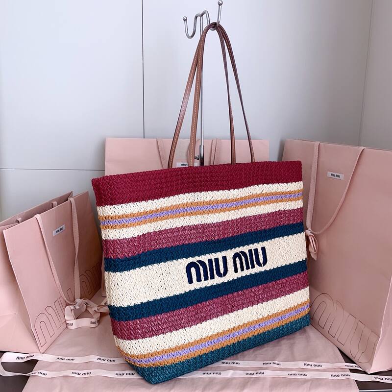 Miu Miu Multicolor striped raffia with brown leather handles 40x34x16cm tote — Premium Replica