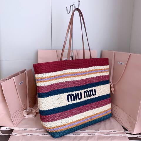 Miu Miu Multicolor striped raffia with brown leather handles 40x34x16cm tote Premium Replica