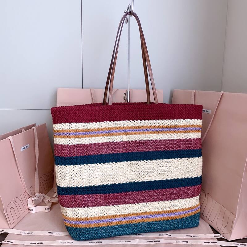 Miu Miu Multicolor striped raffia with brown leather handles 40x34x16cm tote — Premium Replica