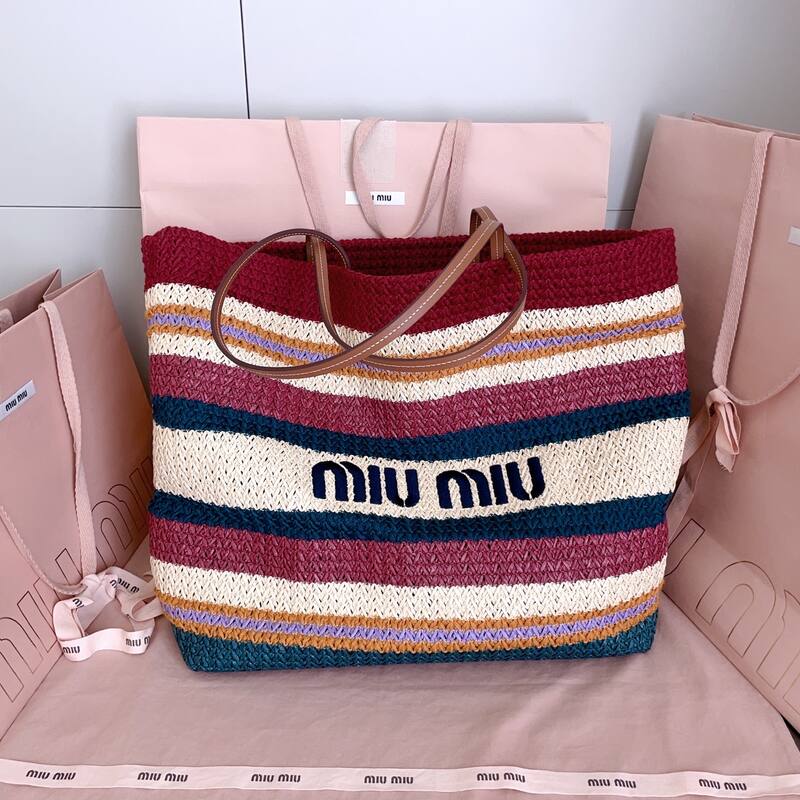 Miu Miu Multicolor striped raffia with brown leather handles 40x34x16cm tote — Premium Replica
