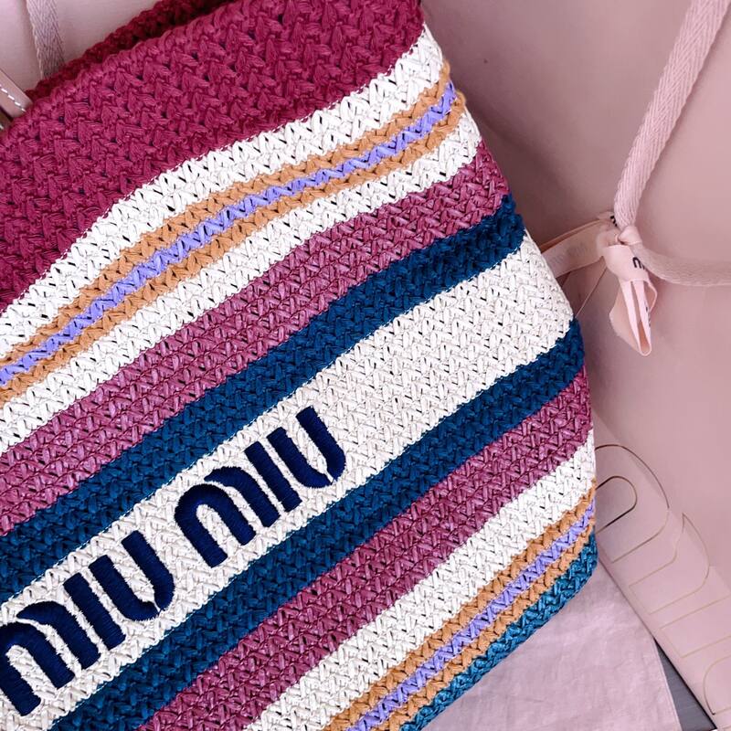 Miu Miu Multicolor striped raffia with brown leather handles 40x34x16cm tote — Premium Replica