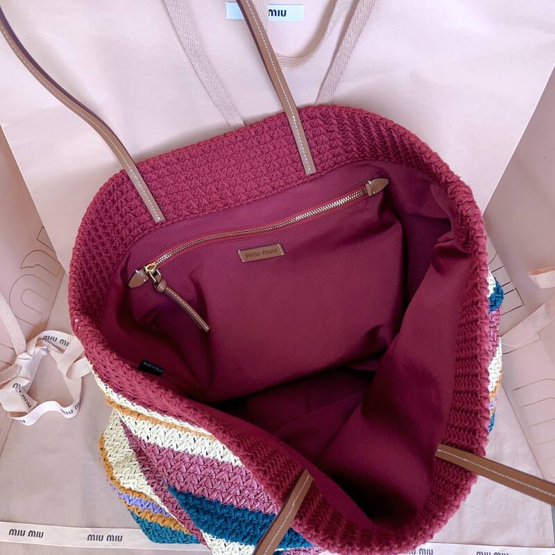 Miu Miu Multicolor striped raffia with brown leather handles 40x34x16cm tote — Premium Replica