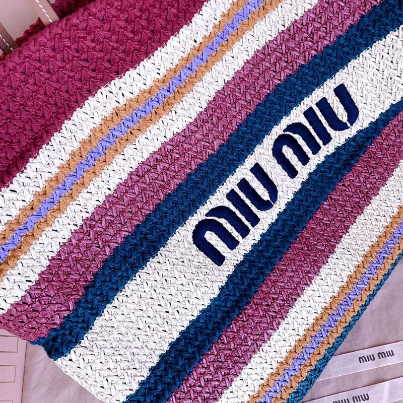 Miu Miu Multicolor striped raffia with brown leather handles 40x34x16cm tote — Premium Replica