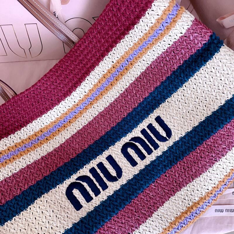 Miu Miu Multicolor striped raffia with brown leather handles 40x34x16cm tote — Premium Replica