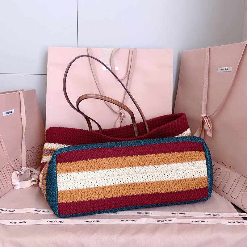 Miu Miu Multicolor striped raffia with brown leather handles 40x34x16cm tote — Premium Replica