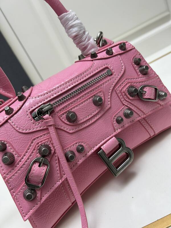 Balenciaga Hourglass Bright pink studded distressed leather 23x14x10cm crossbody — Top Quality Replica