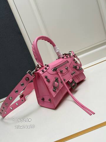 Balenciaga Hourglass Bright pink studded distressed leather 23x14x10cm crossbody Top Quality Replica