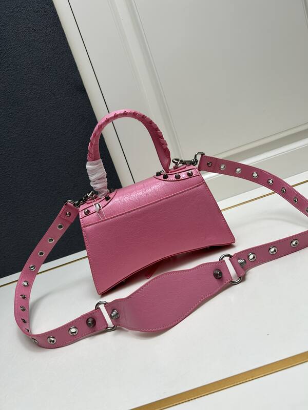 Balenciaga Hourglass Bright pink studded distressed leather 23x14x10cm crossbody — Top Quality Replica