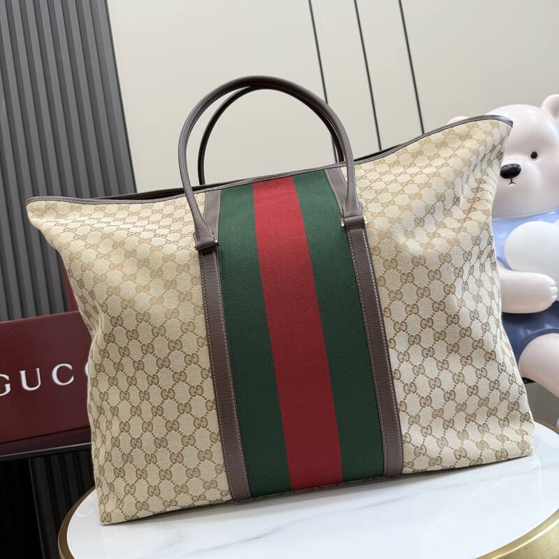 Gucci Beige GG canvas with green-red-green stripe large tote — AAA Quality Replica