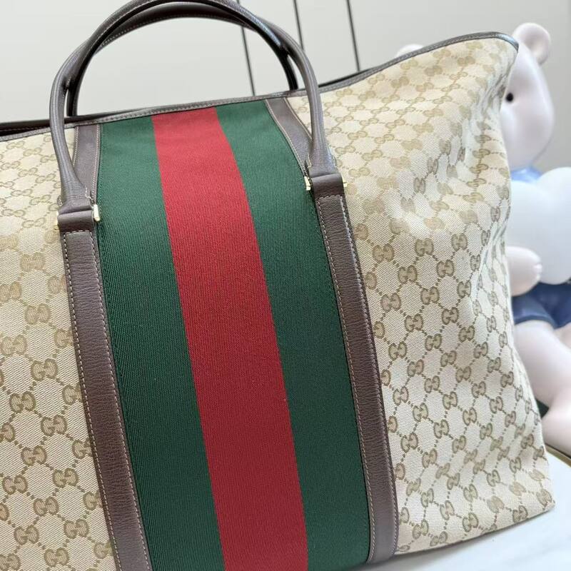 Gucci Beige GG canvas with green-red-green stripe large tote — AAA Quality Replica